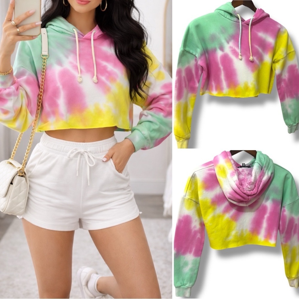 Missguided | EUC Oversized Pastel Tie-Dye Cropped Hoodie Sweatshirt (sz 0/XS/S)